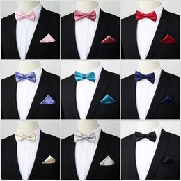 Bow Ties 10Pcs/Lot Solid Pre-Tied Tie Men Bowtie Mens Safe-Tie And Pocket Square Wedding Bowties Handkerchief Set B093