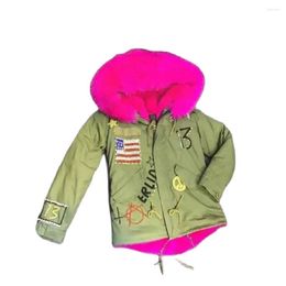 Women's Fur U.S. Flag Beading Pattern Short Parka Women Winter Overcoat Rose Red Faux Lined Jacket Model Coat