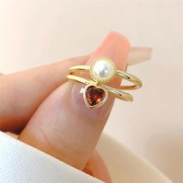 Wedding Rings 2023 Fashion Design Simple Red Love Zircon Open Ring Pearl French Light Luxury Women'S Versatile Set Jewelry Gift