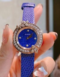 Lady Hydrangea Flower Quartz Watch Real Leather Diamond Pink Mother of Pearl Malachite Dial Wristwatch Blue Starry Sky Clock