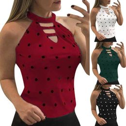 Women's T Shirts 2022 Shirt Tops Summer Sleeveless Chiffon Polka Dot Print O-Neck Casual Tshirts Plus Size 5XL Loose Female Top