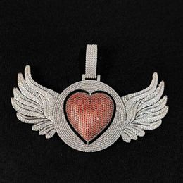 New Trendy White Gold Plated Bling CZ Spinnig Heart Agnle Wings Pendant Necklace for Men Women with 24inch Rope Chain Hip Hop Jewellery