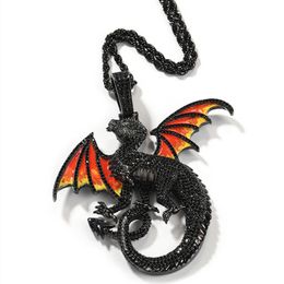 New Trendy White Gold Plated Bling CZ Dragon Pendant Necklace for Men Women with 24inch Rope Chain Hip Hop Jewelry
