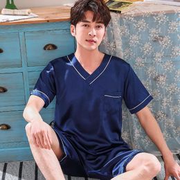 Men's Sleepwear Men's V Neck Short Sleeve T Shirt 2 Piece Set Home Clothes For Men Summer Casual Loose Pajamas Plus Size Satin Silk