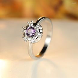 Wedding Rings Charm Purple Crystal Snowflake Ring Dainty Silver Colour Engagement White Zircon Small Round Stone For Women Christmas