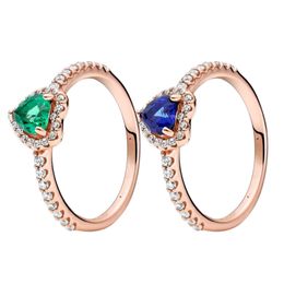 Blue Green CZ Diamond Elevated Heart RING Rose Gold with Original Box for Pandora Authentic Sterling Silver Wedding Jewellery Girlfriend Gift Engagement Rings Set