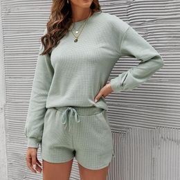 Women's Tracksuits Women's Long-Sleeved Shorts 2-Piece Suit Ladies Fashion Loose O-Neck Autumn Pullover Top Famale Simple Lace-Up Solid
