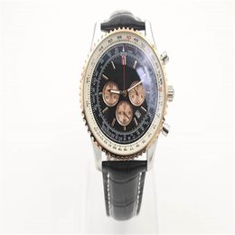 New Style Quartz Watch Chronograph Function Stopwatch Black Dial Gold Fluted Case Leather Belt Silver Skeleton 1884 Navitimer Watc186M