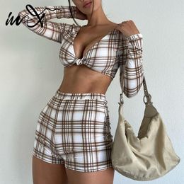 Women's Swimwear In-X Long Sleeves Bikini Set High Waist Female Swimsuit Women V-neck Bathing Suit Sport Swimming Print