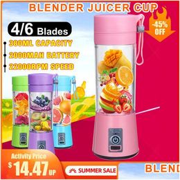 Kitchens Play Food Portable Fruit Juicer 380Ml 6 Blades Portables Electric Home Usb Rechargeable Smoothie Maker Blenders Hine Spor Dhr2E