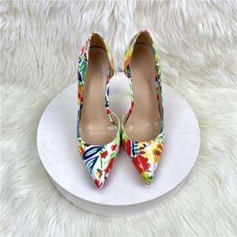 Dress Shoes 2023 Colourful Floral High Heels Pumps 10CM Pointed Head Shallow Mouth Sexy Side Empty Single