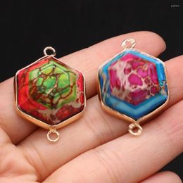 Charms Natural Semi-precious Stone Pendant Gilded Edge Hexagon Connector Emperor 23x34mm For Jewellery Making Necklaces Gift