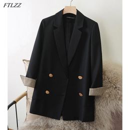 Women's Suits & Blazers FTLZZ Spring Autumn Office Lady Loose Blazer Long Sleeve Plaid Splicing Design Coat Double-breasted British Style Ja
