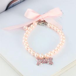 Dog Apparel Cute Cat Imitation Pearl Necklace Glitter Rhinestone Pendant Cats Dogs Necklaces Bling Bone Pet Puppy Neck Chain Jewellery