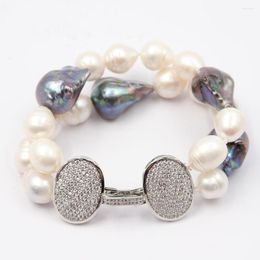 Strand GuaiGuai Jewellery 2 Strands Cultured Freshwater Black Baroque Pearl White Rice Bracelet Gold Plated CZ Paved Clasp For Lady