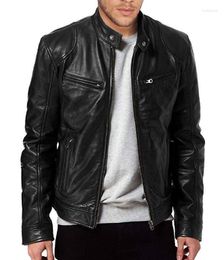 Men's Down Business Warm Zipper Cardigan Pocket Decoration PU Leather Jacket Stand Collar Slim