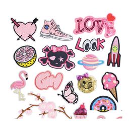 Sewing Notions Tools Pink Butterfly Diyes Embroidery For T Shirt Iron On Appliques Clothes Jeans Stickers Badges Love Heart Drop D Dhyzw