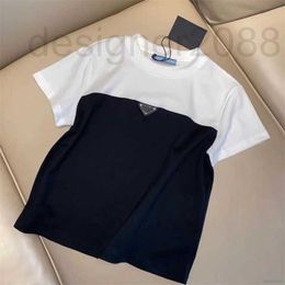 Women's T-Shirt designer Black White Splicing Blouse with Metal Triangle Tops Top Tee Summer Short Sleeve 3ABB