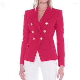 Women's Suits TOP QUALITY 2022 Designer Blazer Jacket Women's Metal Lion Buttons Double Breasted Outer Coat Size S-XXL Rose Red