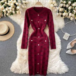 Casual Dresses designer Knitted Sweater Dress Women's Autumn Winter New Fashion Retro Round Neck Jacquard Tight Package Hip Vestidos WD03