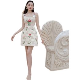 Women spaghetti lace hollow out slim strap embroidery flower crochet waist desinger dress vestidos SML