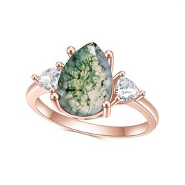Cluster Rings GEM'S BALLET Teardrop Wedding Ring Unique 3.16Ct 8x12mm Natural Moss Agate Engagement In 925 Sterling Silver Gift For Her