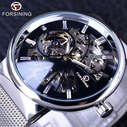 Forsining 2021 Fashion Casual Neutral Design Silver Steel Transparent Case Skeleton Watch Mens Watch Top Brand Luxury Mechanical w2397