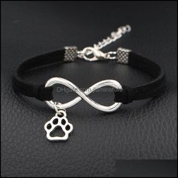 Charm Bracelets Romantic Sier Color Infinity Love Pets Cat Dog Paw Pendant Handmade Dark Gray Leather Suede Veet Rope Jewelry Gift N Otl52