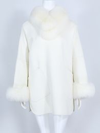 OFTBUY Winter Jacket Women Real Fur Coat Natural Fox Fur Cashmere Wool Blends Bat Sleeved Loose Outerwear Scarf Collar New