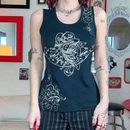 Women's Tanks Hippie Graphic Clothes Fairycore Cute Black Grunge Tank Top Women E Gril Goth Vest Streetwear Sleeveless Ribbed Summer