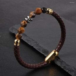 Strand Fashion Natural Stone Faced Tiger Eye Hematite Brown Genuine Leather Stainless Steel Clasp Wrishband Jewelry