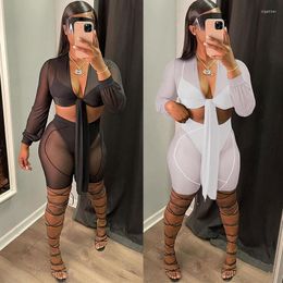 Women's Tracksuits Sexy Solid Mesh Patchwork 4pcs Shorts Set Women Long Sleeve Bandage Top And Bikini Bra Underwear See Through Outfits