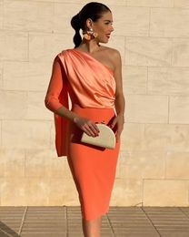 Party Dresses Robe De Soriee Long Sleeve Short Cocktail With Cape One Shoulder Women 2022 Formal Sexy Orange Prom Gowns