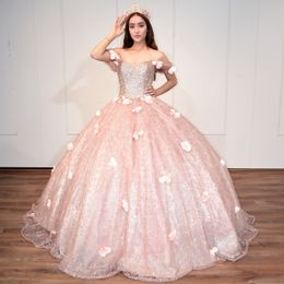 Luxury Pink Quinceanera Dress For Sweet 16 Girls Sequined Beads 3D Flowers Strapless Birthday Party Dresses vestidos de fiesta