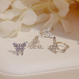 Backs Earrings Korean Style 14k Real Gold Micro-Inlaid Zircon Butterfly For Women Tiny Bling Exquisite Cute Clip Jewellery Gift