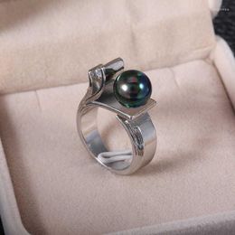 Wedding Rings Fashion Green Shell Pearl Ring Black Cut Jewellery Size 6-10