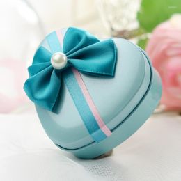 Gift Wrap 10pcs/lot Cute Tinplate Heart Shape Double Colour Ribbon Wedding Candy Box With Decorative Peal Knot