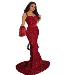 Mermaid Evening Dresses Unique Burgundy Sequins Sweetheart Neck Formal Prom Gowns Night Party Robe 2023