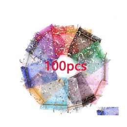 Gift Wrap 100Pcs Assorted Color Organza Bags With Dstring Gold Moon Star Print Mesh Jewelry Pouch Sachet Party Wedding Favor Drop De Dhaaz