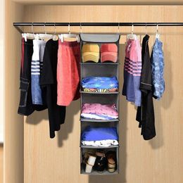 Storage Boxes 5-Shelf Hanging Closet Organiser Collapsible With 6 Side-Pockets Clothes Accessories Washable Cloth Fabric TJ6951