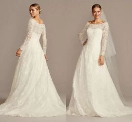 OLEG CASSINI Off-The-Shoulder Lace A-Line Wedding Dress full lace applique long sleeve plus size sweep train wedding gown 2023