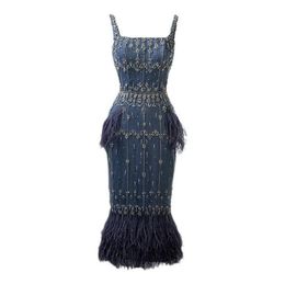 Dubai Two shouders Square Sheath Mother's Dresses Blue Ostrich Feather Crystal Tea-length Mother of the Bride Dresses