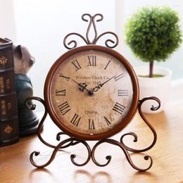 Table Clocks European Style Retro Vintage Wrought Iron Craft Clock For Home Desk Cabinet Decoration (Brown)