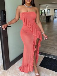 Casual Dresses Bandeau Ruffle Hem High Slit Maxi Dress Women Sexy See Through Mesh Party