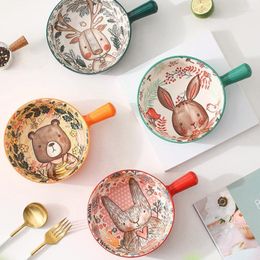 Bowls Nordic Ceramic Bowl With Handle Breakfast Noodle Fruit Forest Animal Design Dessert Soup