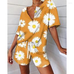 Women's Tracksuits Floral Print Loose Sleepwear Short Sets Women Casual Vintage V Neck Sleeve Top Drawstring 2 Piece Set Yellow Clothes