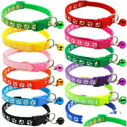 Dog Collars Leashes Puppy Cat Collar Breakaway Adjustable Cats With Bell Bling Paw Charms Pet Decor Supplies 12Styles Drop Deliver Dhe18
