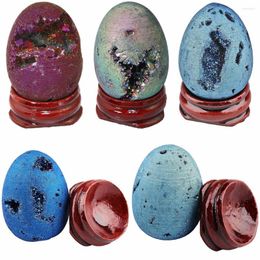 Jewellery Pouches TUMBEELLUWA Natural Titanium Coated Quartz Druzy Agate Geode Crystal Egg Sphere Figurines With Wood Stand