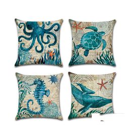 Pillow Case Customizable Singlesided Printing Marine Sea Turtle Seahorse Whale Octopus Home Cushion Ers 45X45Cm Linen Sofa Dh0569 Dr Dhwlk