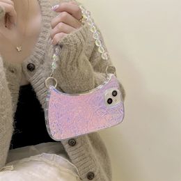 Luxury cases Ins Korean Beads Bracelet Underarm Bag Dazzle Gradient Laser Pleat Case for iPhone 14 13 12 11 Pro Max plus Cute Handbag Cover